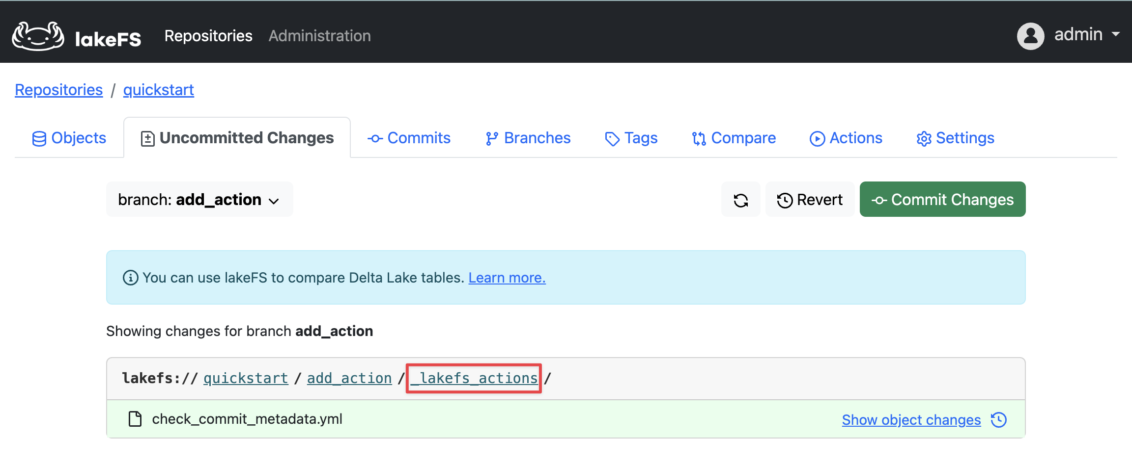 lakeFS Uncommitted Changes view showing a file called <code>check_commit_metadata.yml</code> under the path <code>_lakefs_actions/</code>